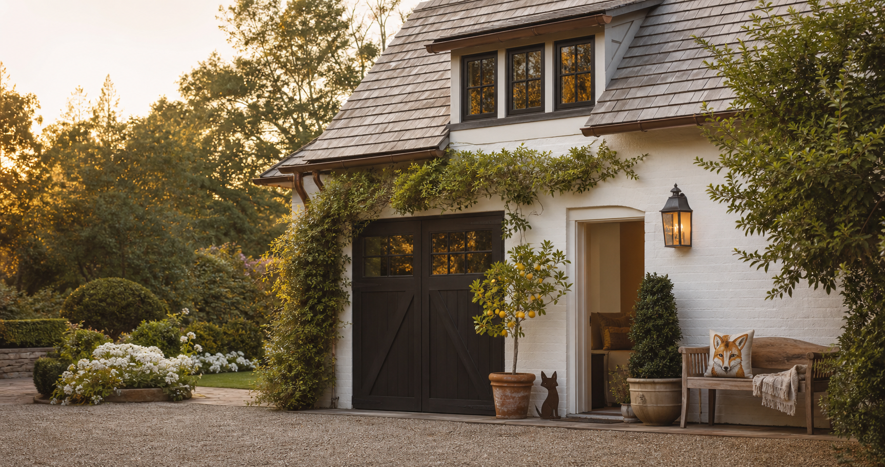 A welcoming carriage house entrance at golden hour